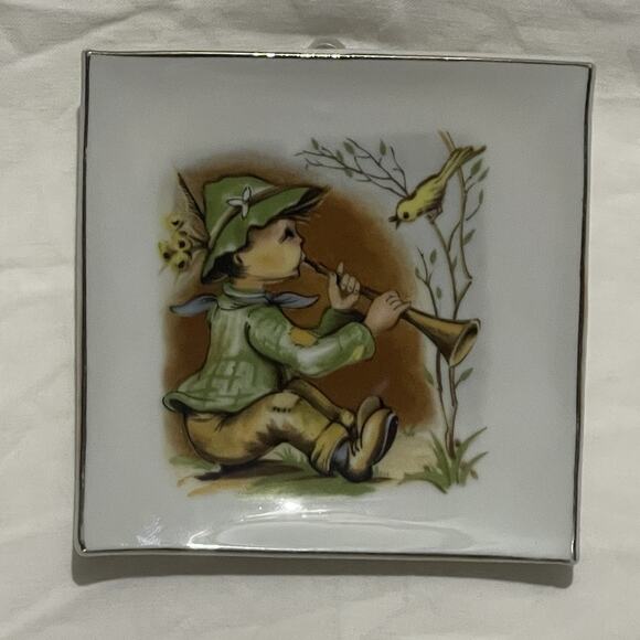 Vintage Hummel Style Wall Hanging Plate Porcelain Square Boy Playing Music Bird - Picture 1 of 3